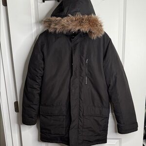 Boys Black Fur-Trimmed Hooded Jacket